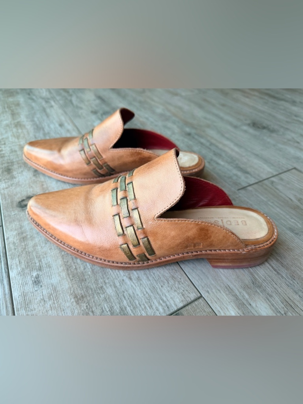 Bed Stu Leather Asenet Tan Gold Rustic Colorway Slip On Mules 8.5